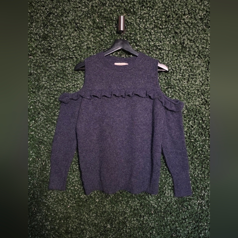 LOFT Off-Shoulder Sweater with Ruffle - Blue - Picture 2 of 4